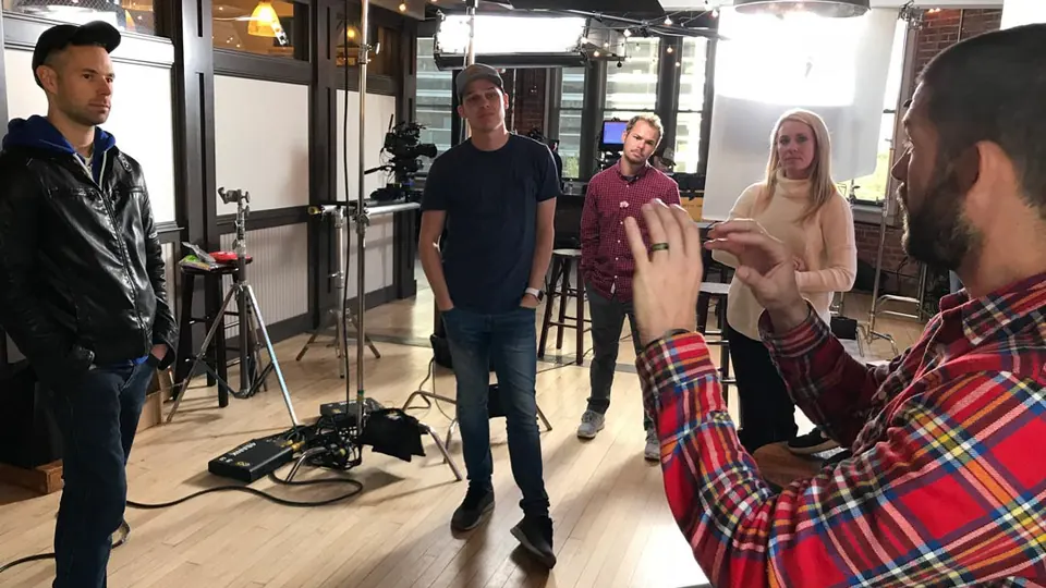 Crew and cast on set filming the Chase the Lion series